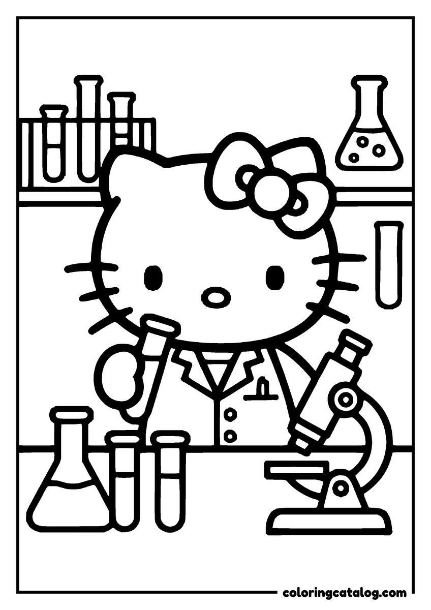 Printable coloring page: Hello Kitty is a scientist in a lab, holding a test tube and a microscope, surrounded by test tubes and beakers