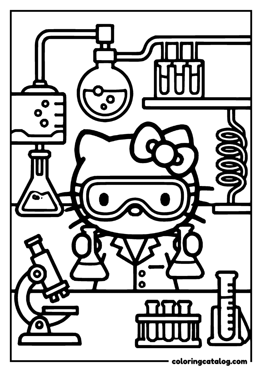 Printable coloring page: Hello Kitty is a scientist in a lab, wearing goggles and holding beakers, surrounded by scientific equipment