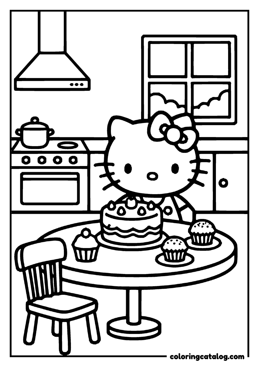 Printable coloring page: Hello Kitty is baking cupcakes in the kitchen, surrounded by a cozy stove and window