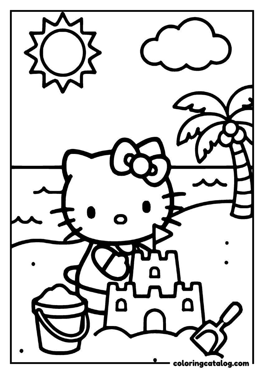 Printable coloring page: Hello Kitty is building a sandcastle on a sunny beach with a palm tree and a cloud in the sky