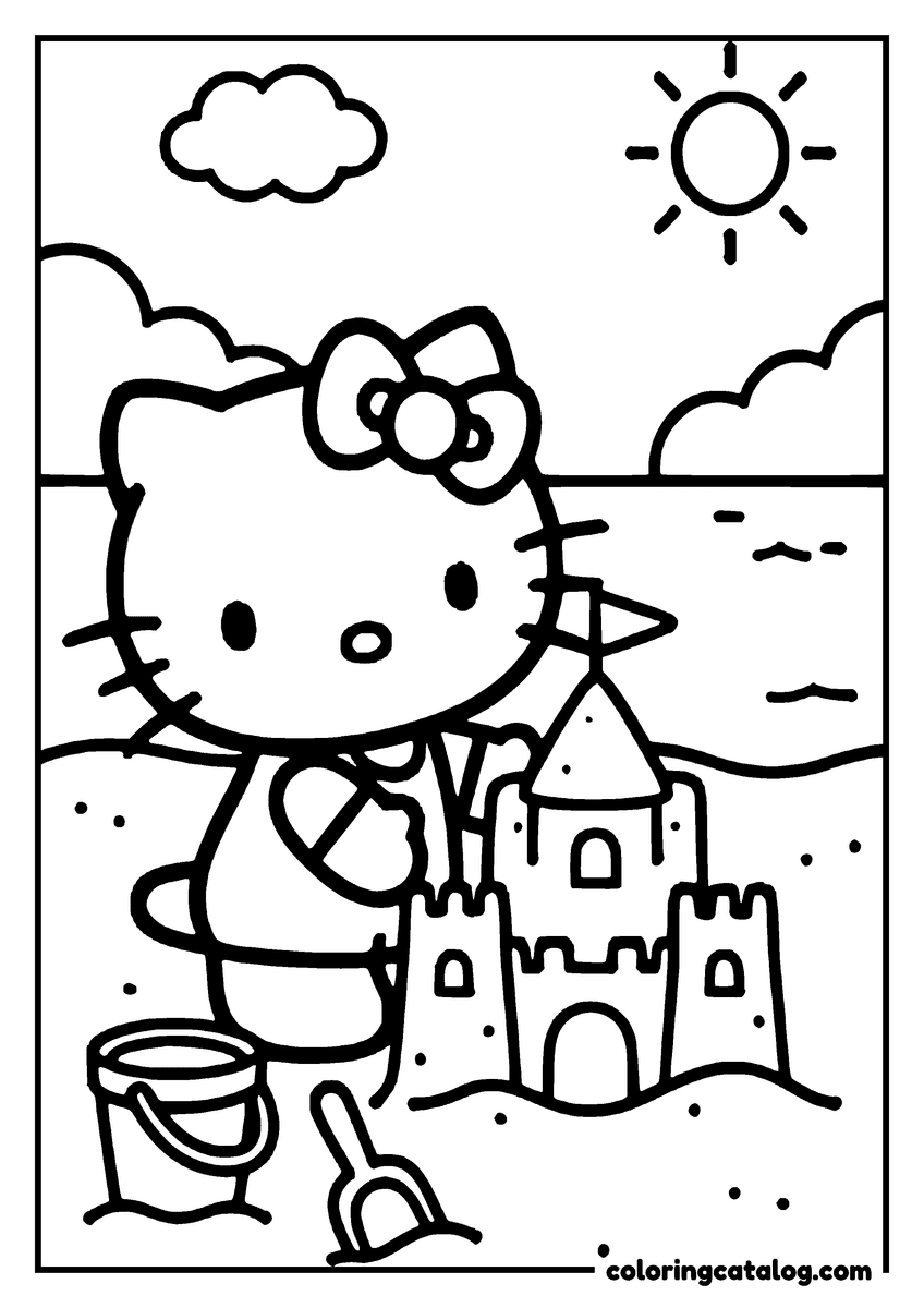 Free printable coloring sheet: Hello Kitty is building a sandcastle on the beach under a sunny sky