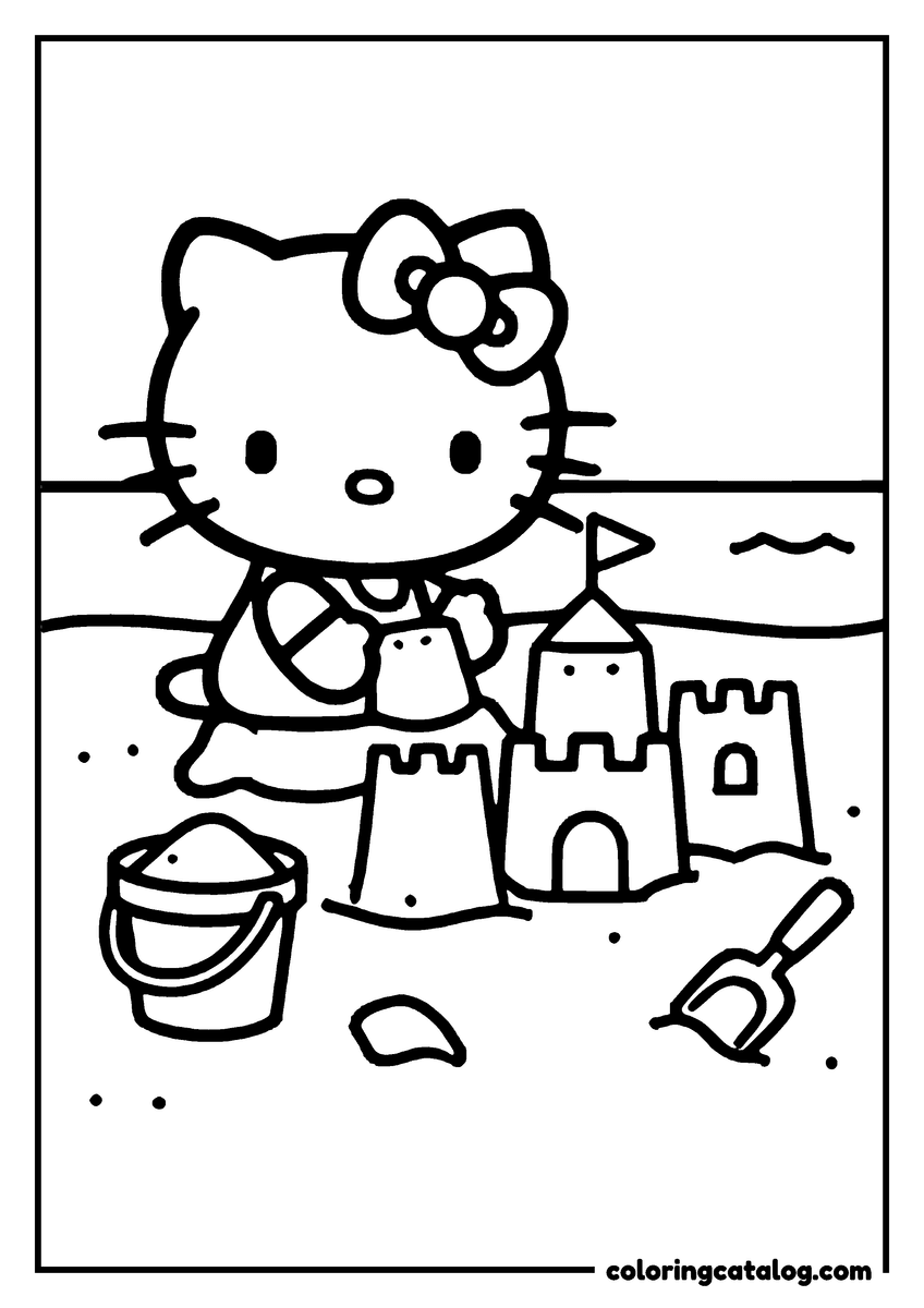 Coloring page: Hello Kitty is building a sandcastle on the beach with a bucket and shovel nearby