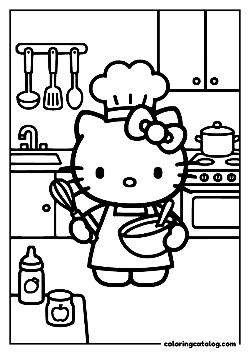 Coloring page: Hello Kitty is cooking in the kitchen, wearing a chef's hat and apron, holding a whisk and mixing ingredients