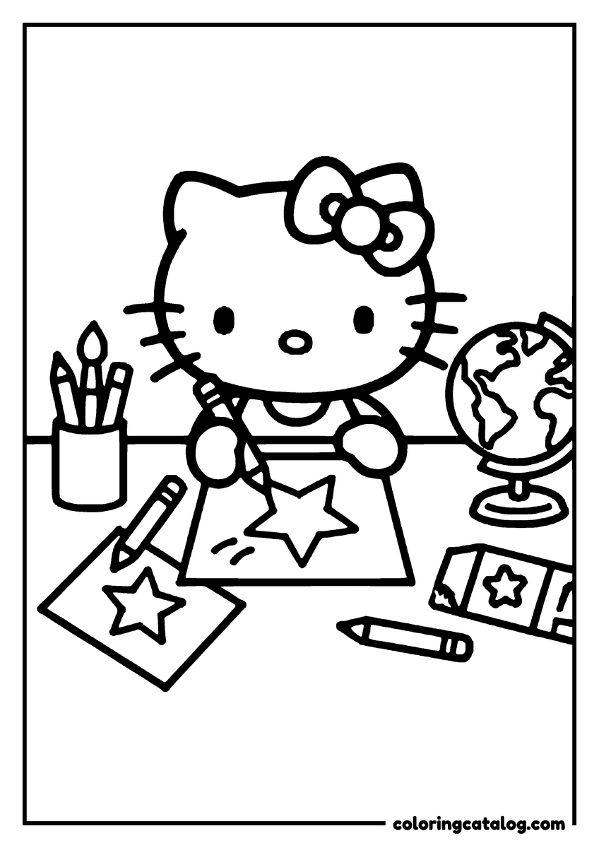 Printable coloring page: Hello Kitty is drawing a star at a desk with a globe, pencils, and crayons