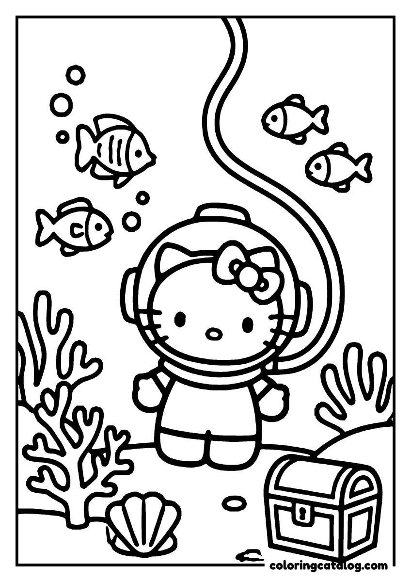 Printable coloring page: Hello Kitty is exploring the ocean, wearing an astronaut helmet, surrounded by fish, coral, and a treasure chest