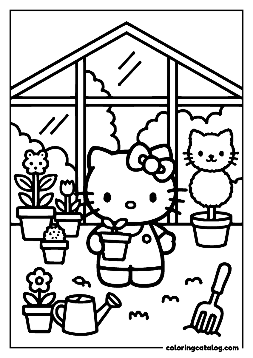 Coloring page: Hello Kitty is gardening in a greenhouse, holding a flower pot, with potted plants and gardening tools nearby