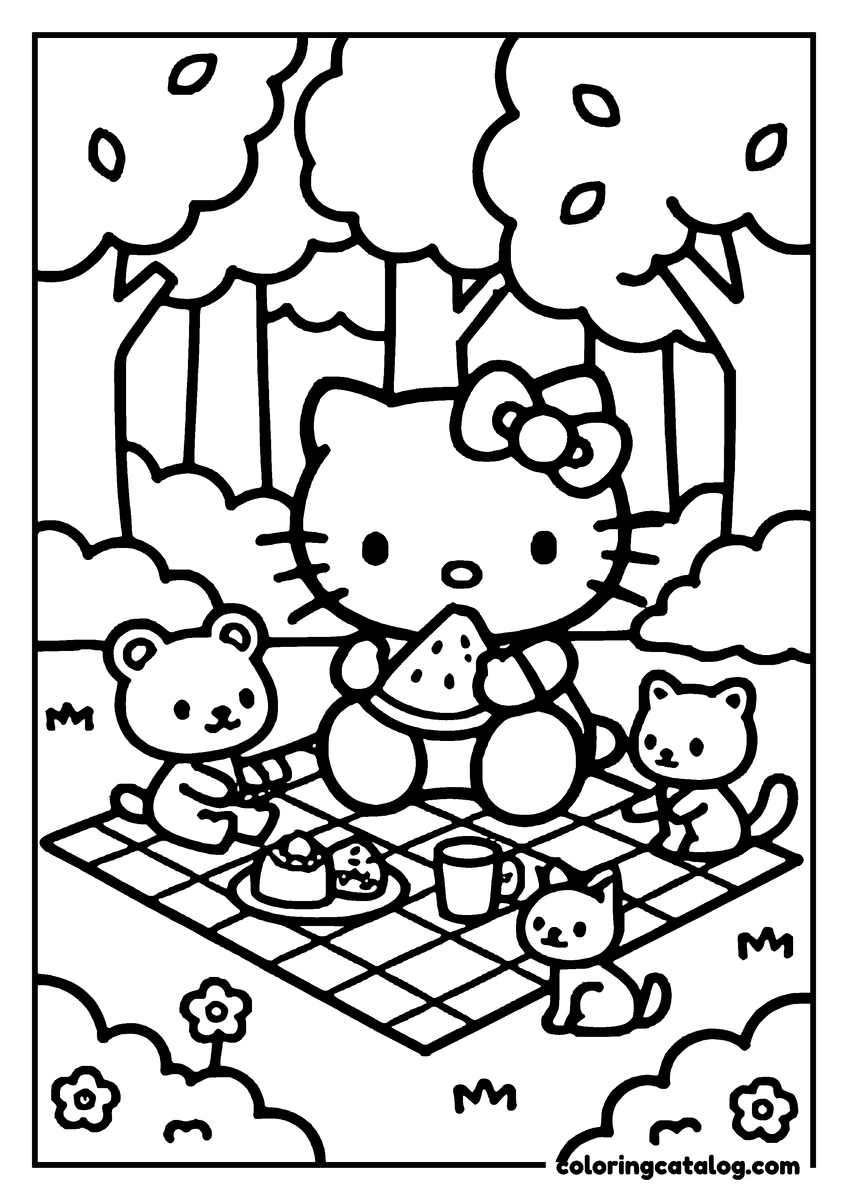 Coloring page: Hello Kitty is having a picnic with her friends in the park
