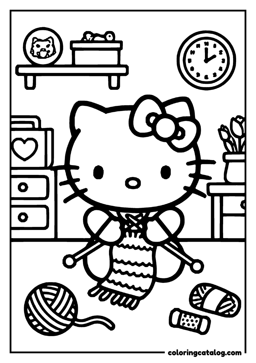 Free printable coloring sheet: Hello Kitty is knitting in her cozy room with a clock, books, and flowers nearby