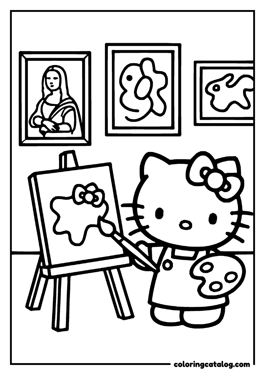 Coloring page: Hello Kitty is painting a bow on an easel with a palette in her other hand