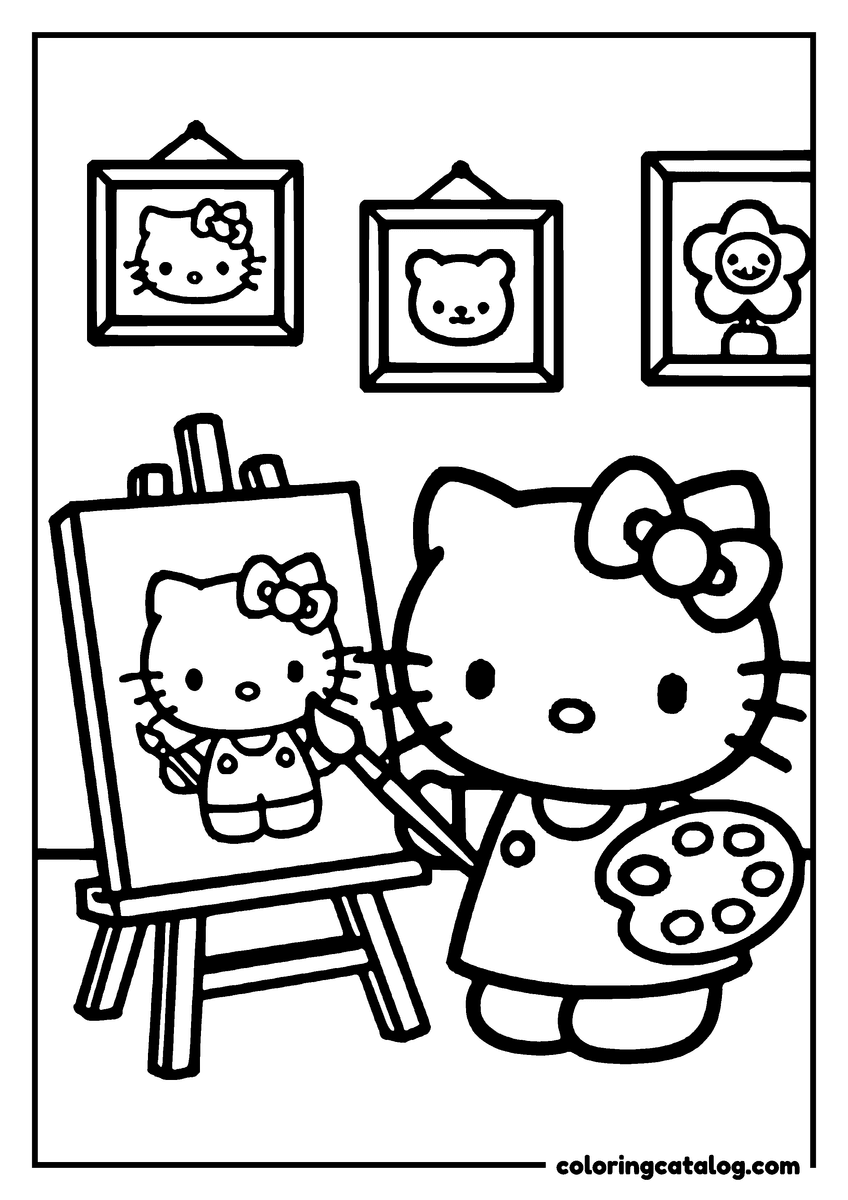 Coloring page: Hello Kitty is painting a picture of herself with a bow and a flower in the background