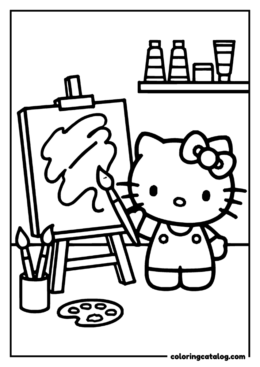 Coloring page: Hello Kitty is painting a tree on an easel in an art studio