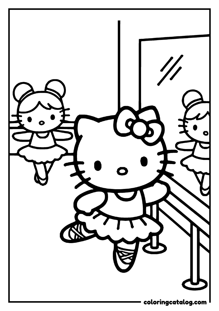 Printable coloring page: Hello Kitty is practicing ballet in front of a mirror, wearing a tutu and pointe shoes