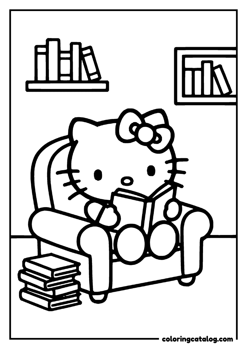 Free printable coloring sheet: Hello Kitty is reading a book while sitting on a cozy armchair