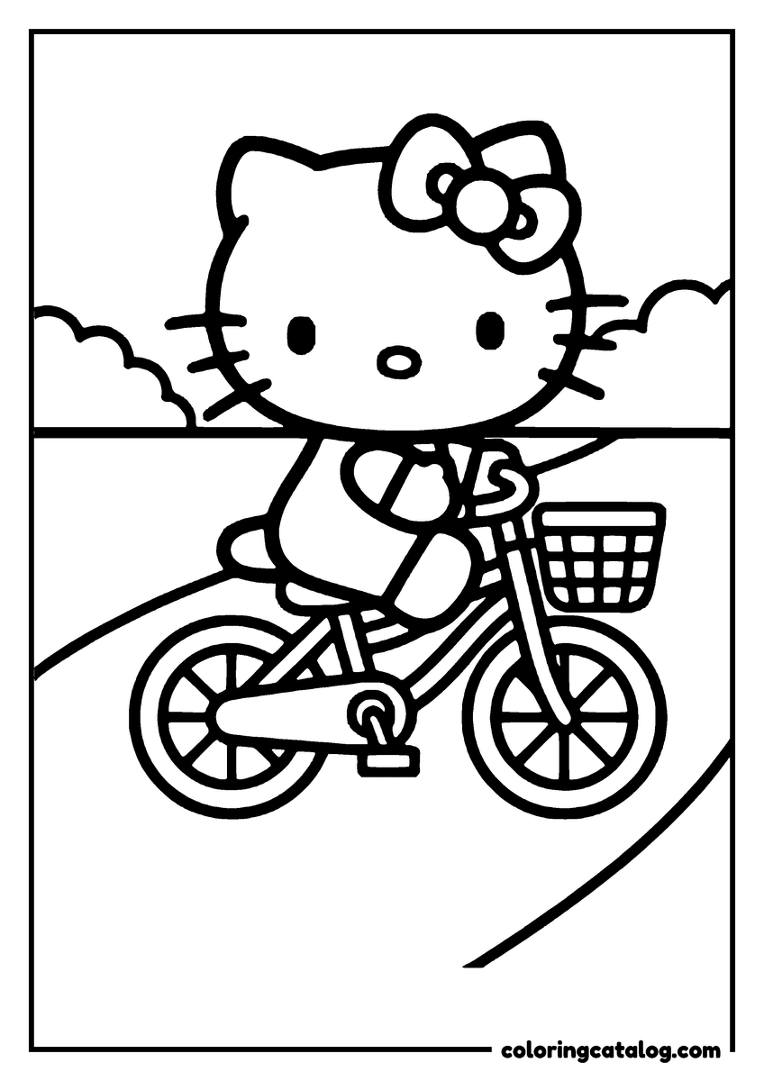 Coloring page: Hello Kitty is riding a bicycle with a basket in the park