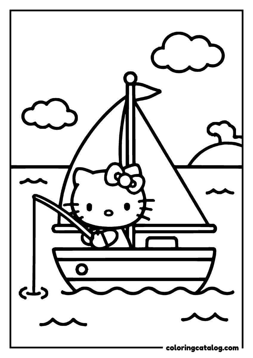 Coloring page: Hello Kitty is sailing on a boat with a bow on her head, under a cloudy sky