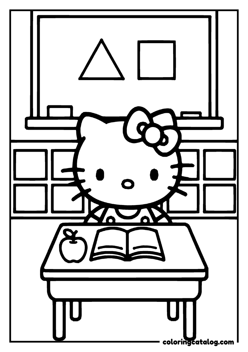 Coloring page: Hello Kitty is sitting at a desk, reading a book, with a triangle and square on the board behind her