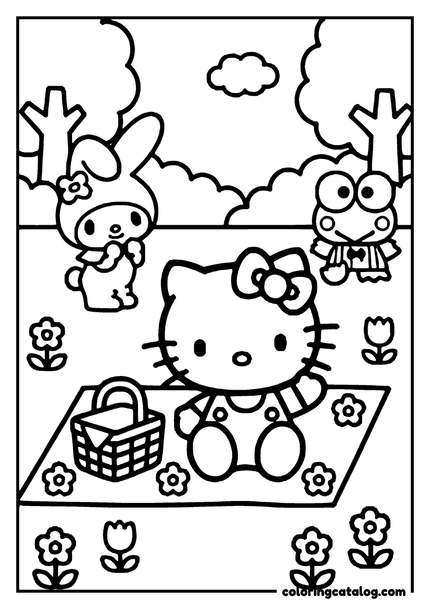 Free printable coloring sheet: Hello Kitty is sitting on a picnic blanket, surrounded by flowers and a basket, with two friends nearby
