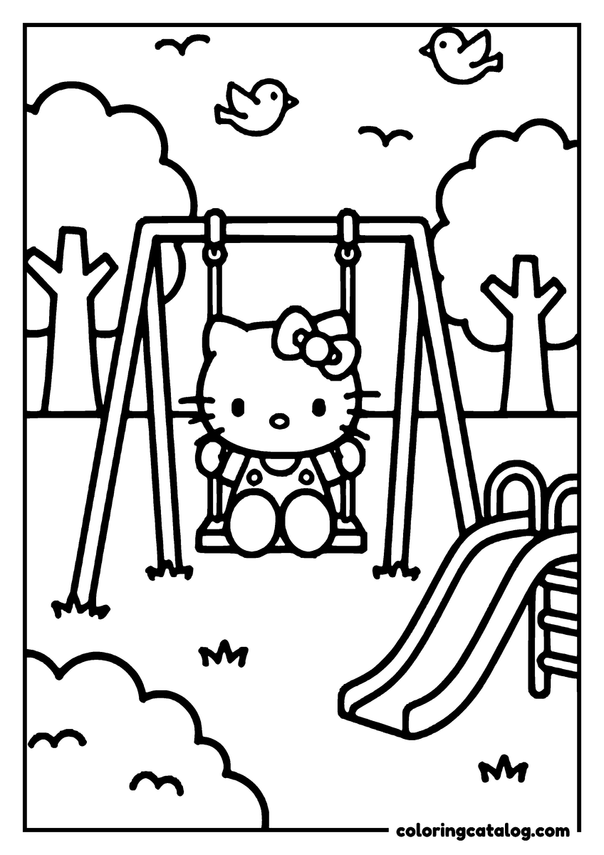 Free printable coloring sheet: Hello Kitty is swinging on a playground swing set with trees and birds in the background