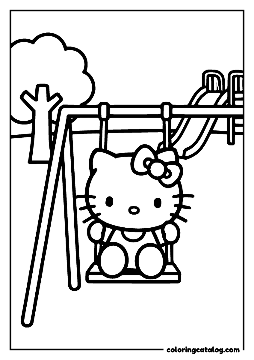 Coloring page: Hello Kitty is swinging on a playground swing set with a tree in the background