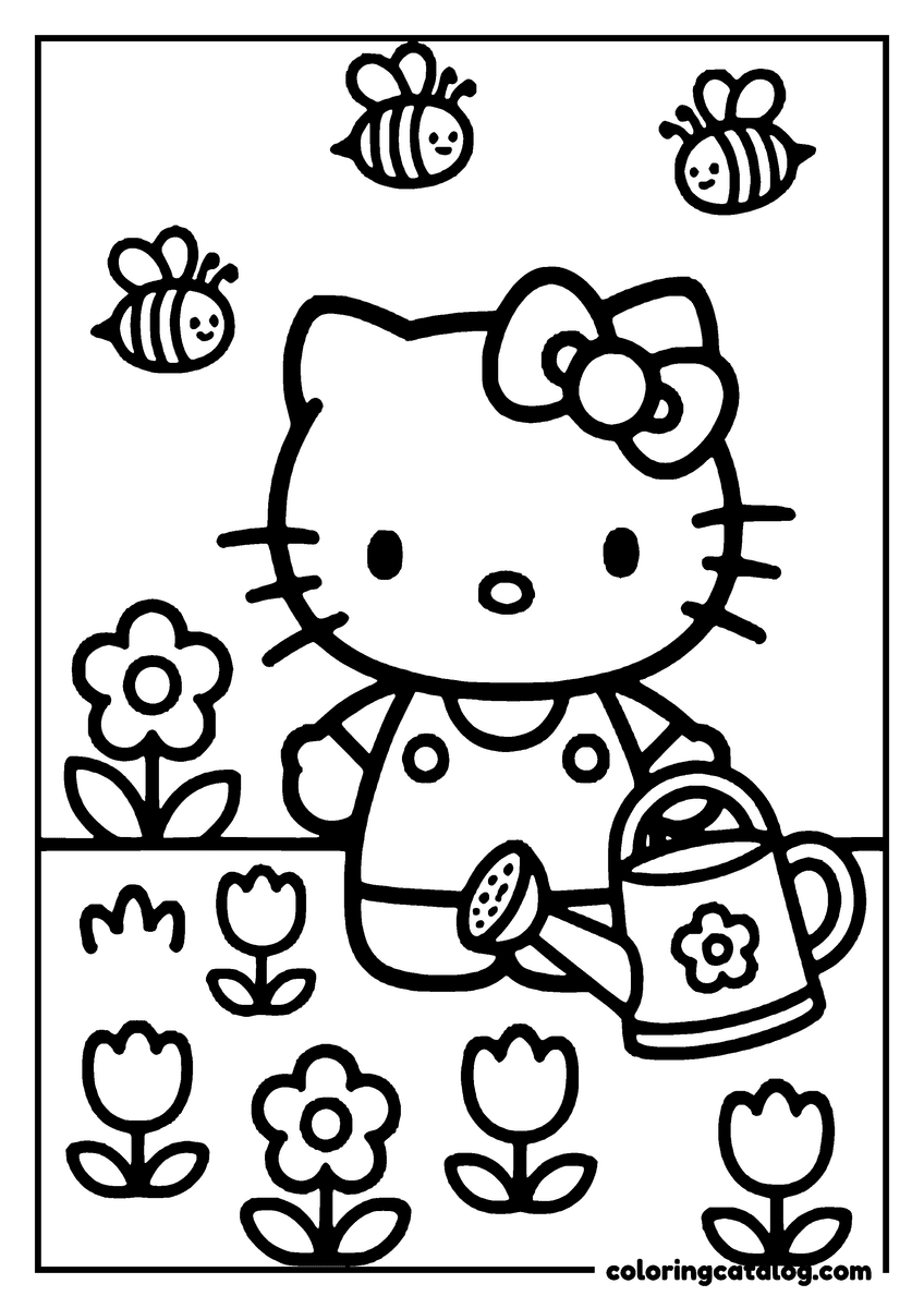 Free printable coloring sheet: Hello Kitty is watering flowers in a garden with bees flying around