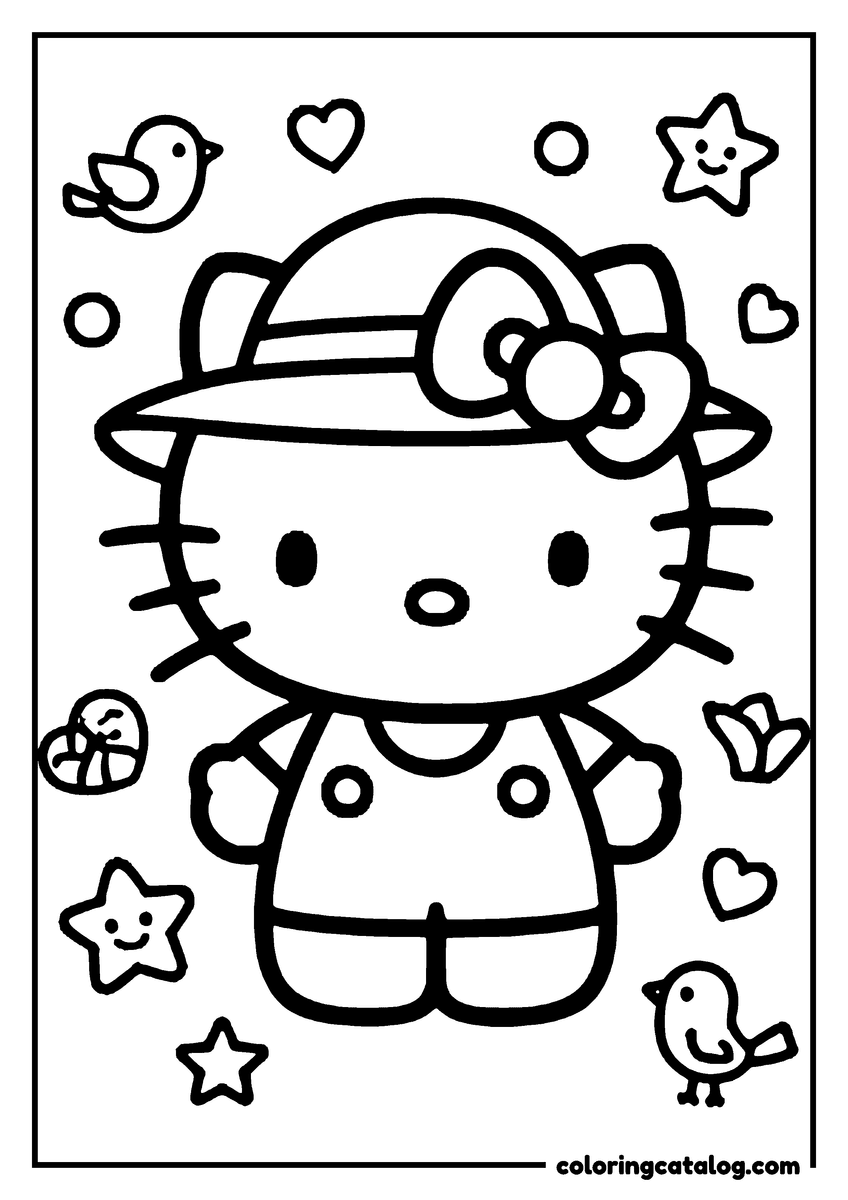 Free printable coloring sheet: Hello Kitty is wearing a hat and surrounded by stars, hearts, and birds