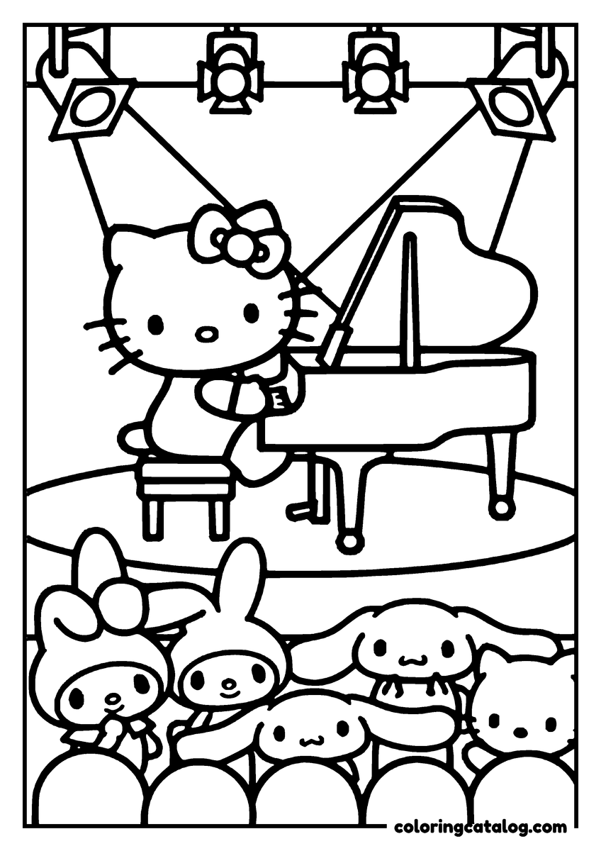 Printable coloring page: Hello Kitty playing piano on stage with spotlight beams and audience watching