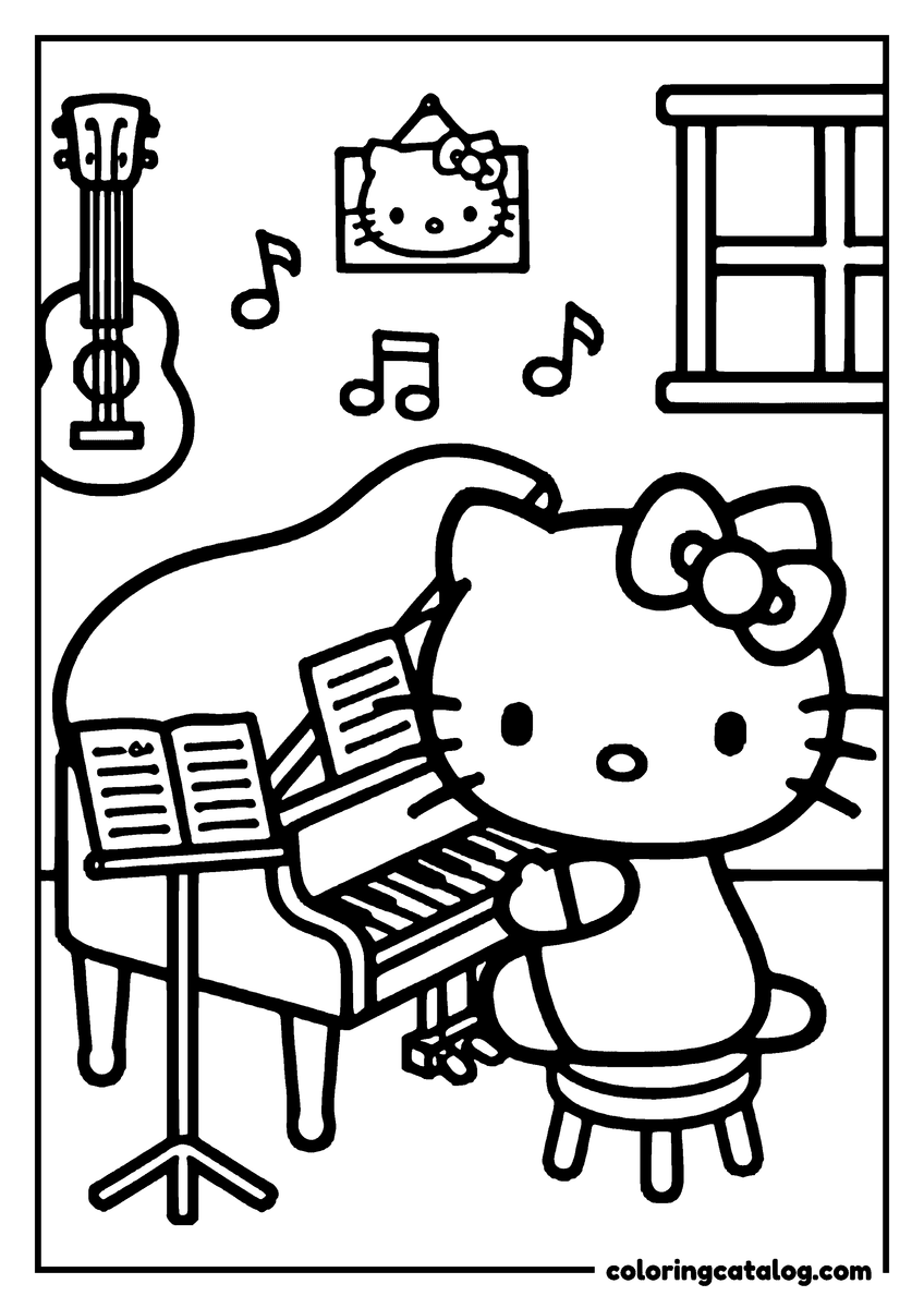Coloring page: Hello Kitty playing the piano in a cozy room with a guitar, music notes, and a framed Hello Kitty picture