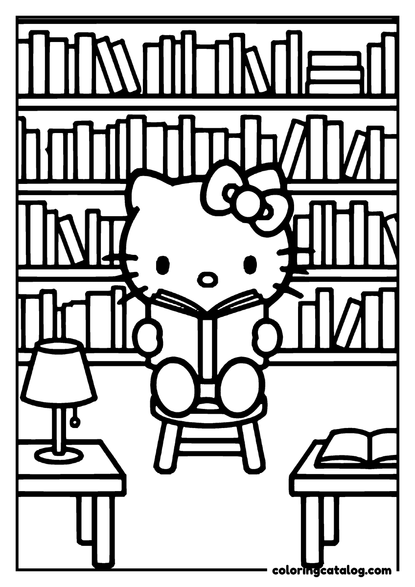 Coloring page: Hello Kitty reading a book in a library with bookshelves and a lamp