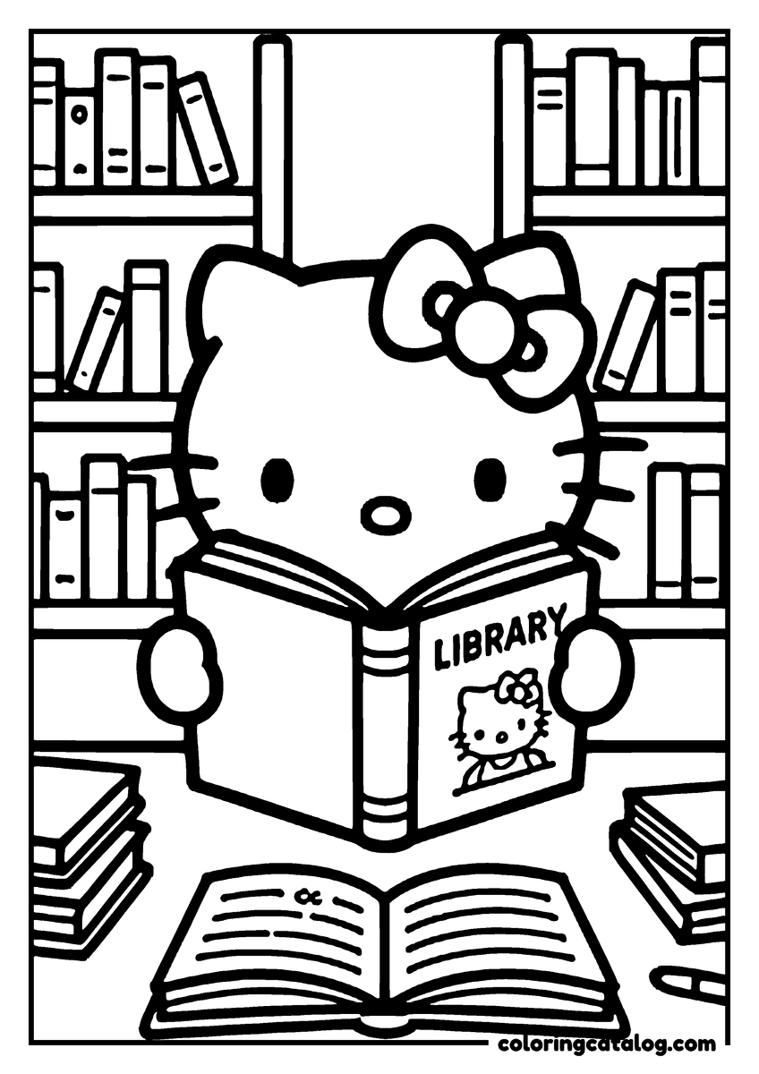 Printable coloring page: Hello Kitty reading a book in a library with bookshelves in the background
