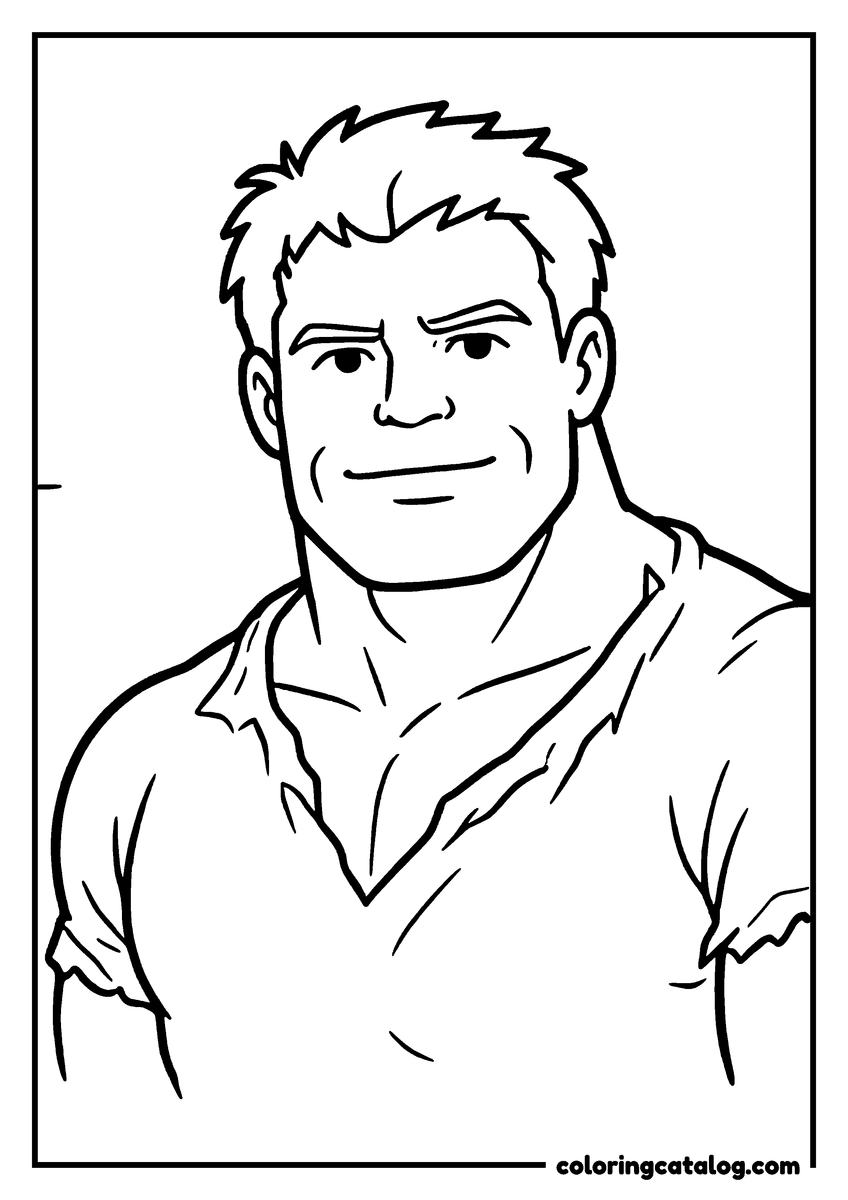 Hulk coloring page of a portrait of Bruce Banner in a torn shirt