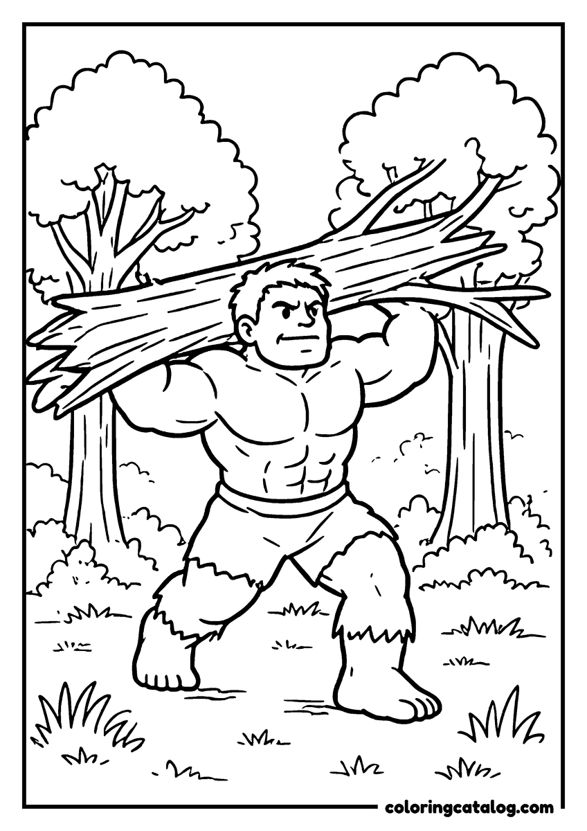 Hulk coloring page of Hulk carrying a fallen tree trunk on his shoulders in the forest