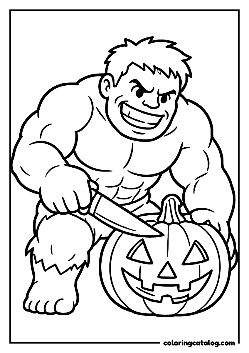 Hulk coloring page of Hulk carving a jack o'lantern