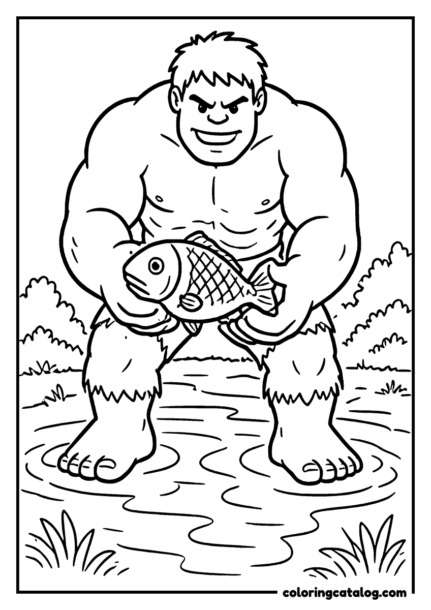 Hulk coloring page of Hulk standing in a river holding a big fish