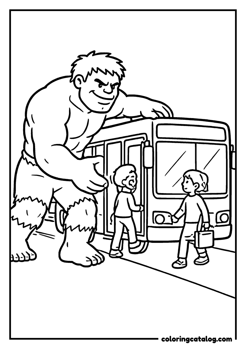 Hulk coloring page of Hulk holding up a bus while people step off safely