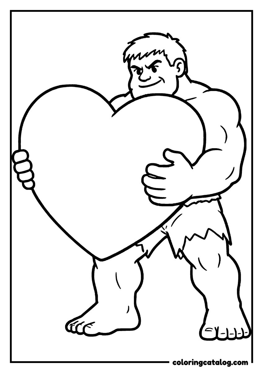 Hulk coloring page of Hulk hugging a big heart