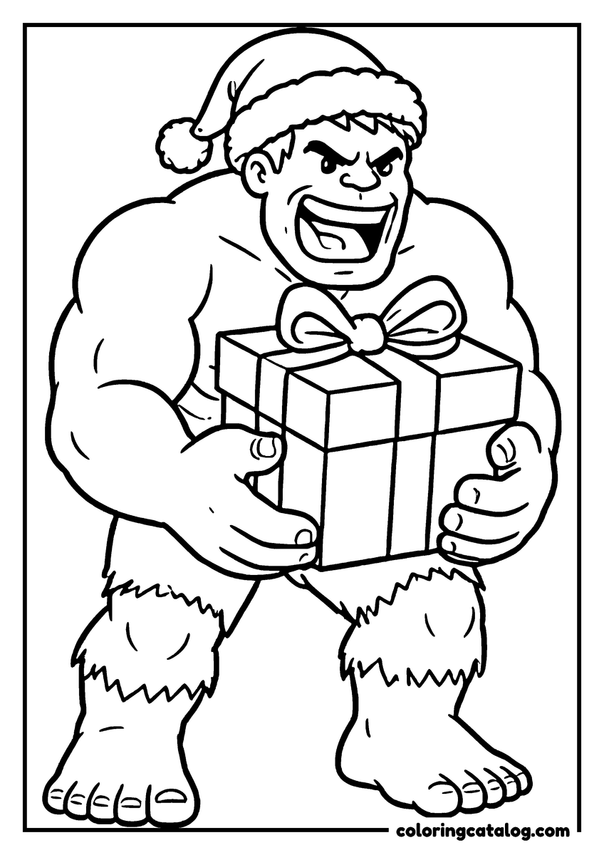 Hulk coloring page of Hulk in a Santa hat carrying a present with a bow
