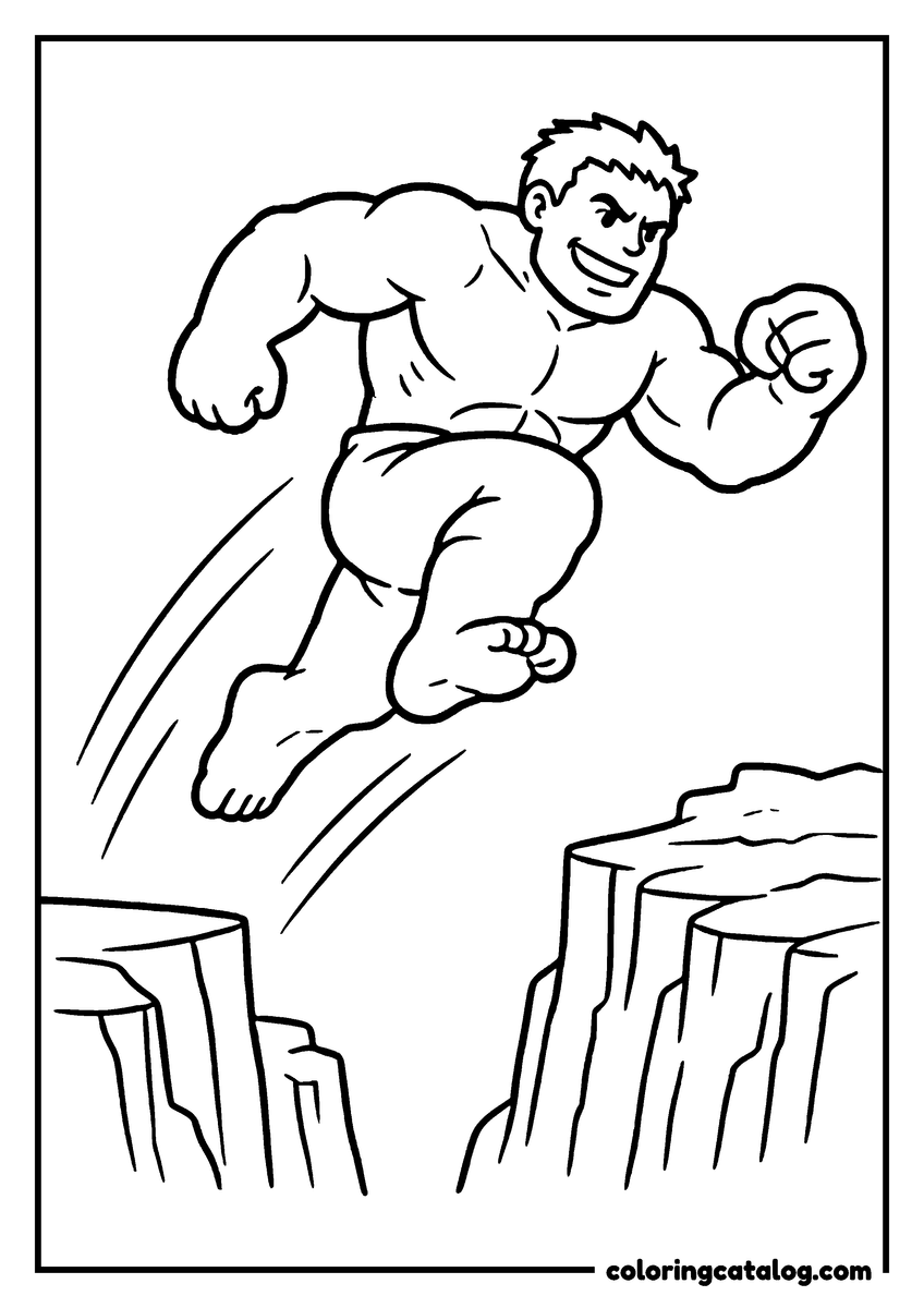 Hulk coloring page of Hulk jumping from one cliff to another