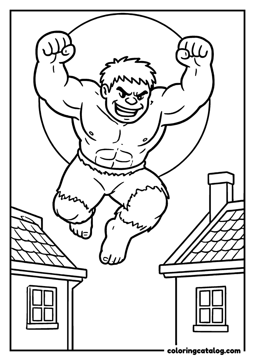 Hulk coloring page of Hulk leaping over the rooftops with his fists in the air