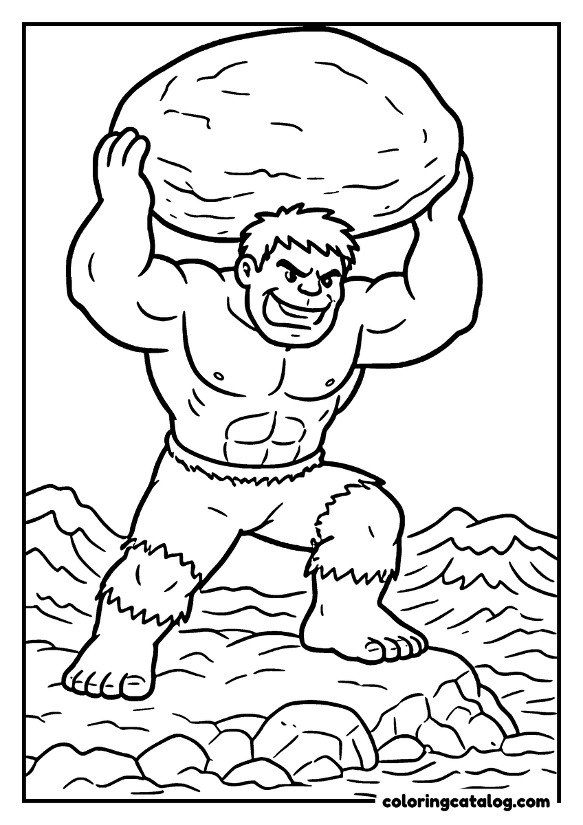 Hulk coloring page of Hulk lifting a giant boulder over his head on a rocky shore