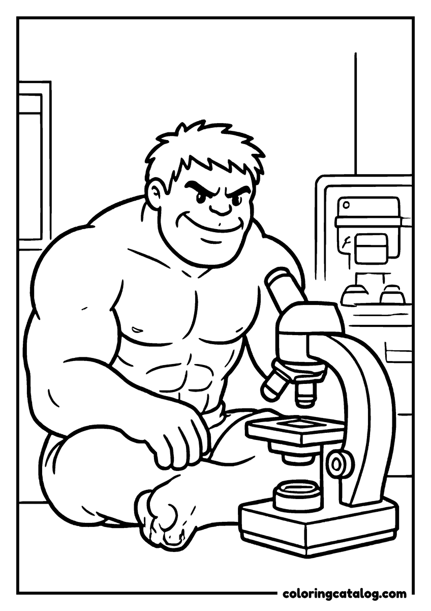 Hulk coloring page of Hulk sitting in a lab next to a microscope