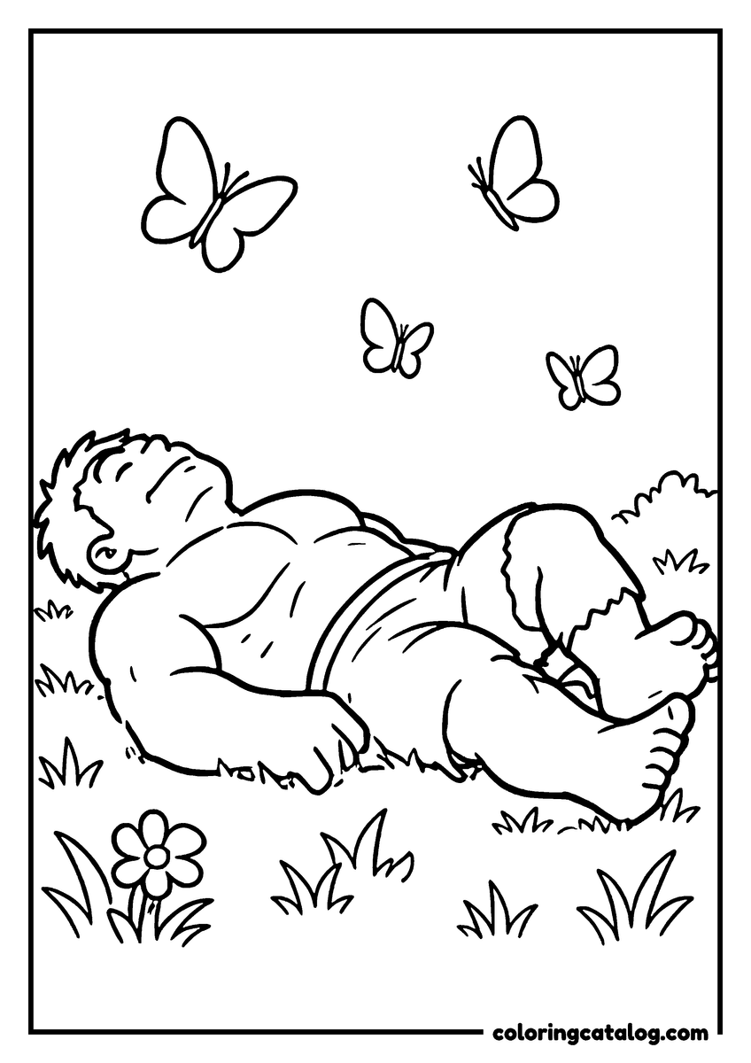 Hulk coloring page of Hulk asleep in the grass with butterflies around him