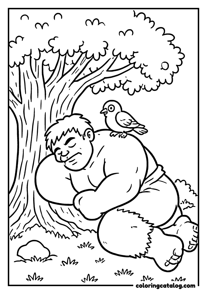 Hulk coloring page of Hulk asleep under a tree with a little bird on his back