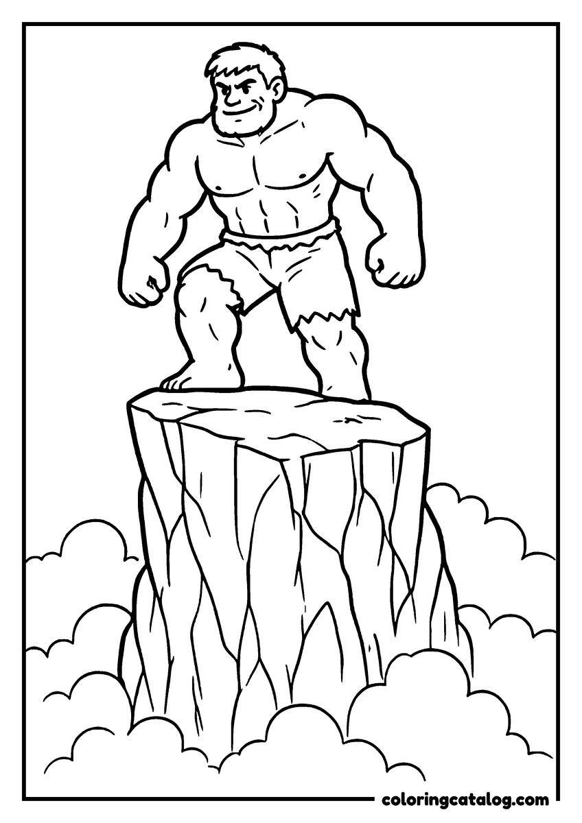 Hulk coloring page of Hulk standing on top of a rock pillar above the clouds