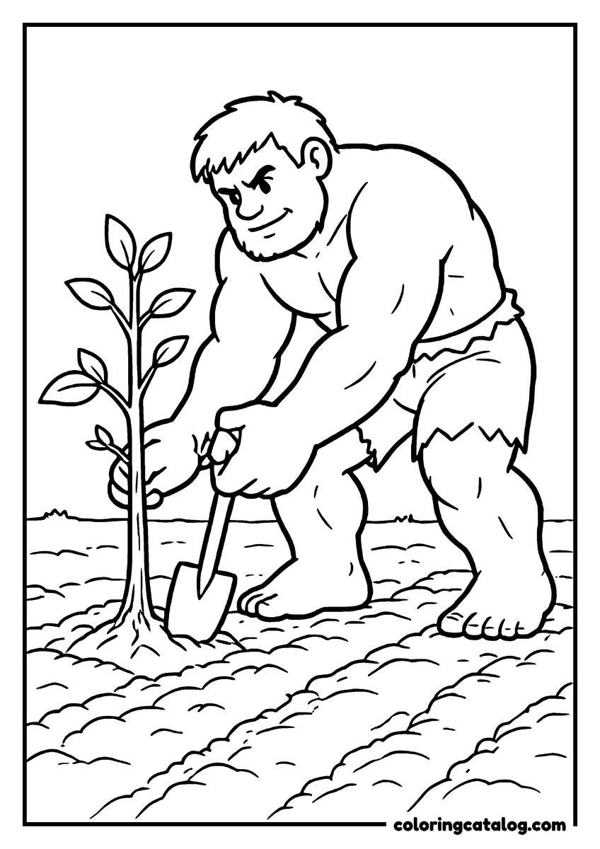 Hulk coloring page of Hulk planting a young tree with a shovel