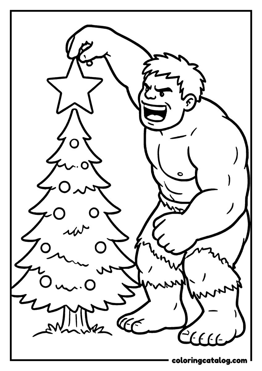 Hulk coloring page of Hulk putting the star on top of a Christmas tree