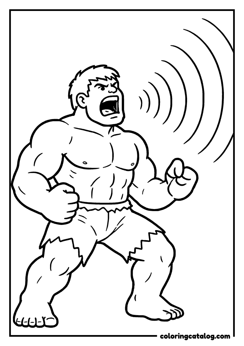 Hulk coloring page of Hulk roaring with his fists clenched