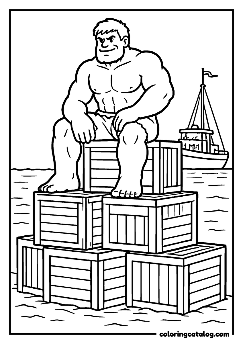 Hulk coloring page of Hulk sitting on a stack of crates at the docks with a boat behind him