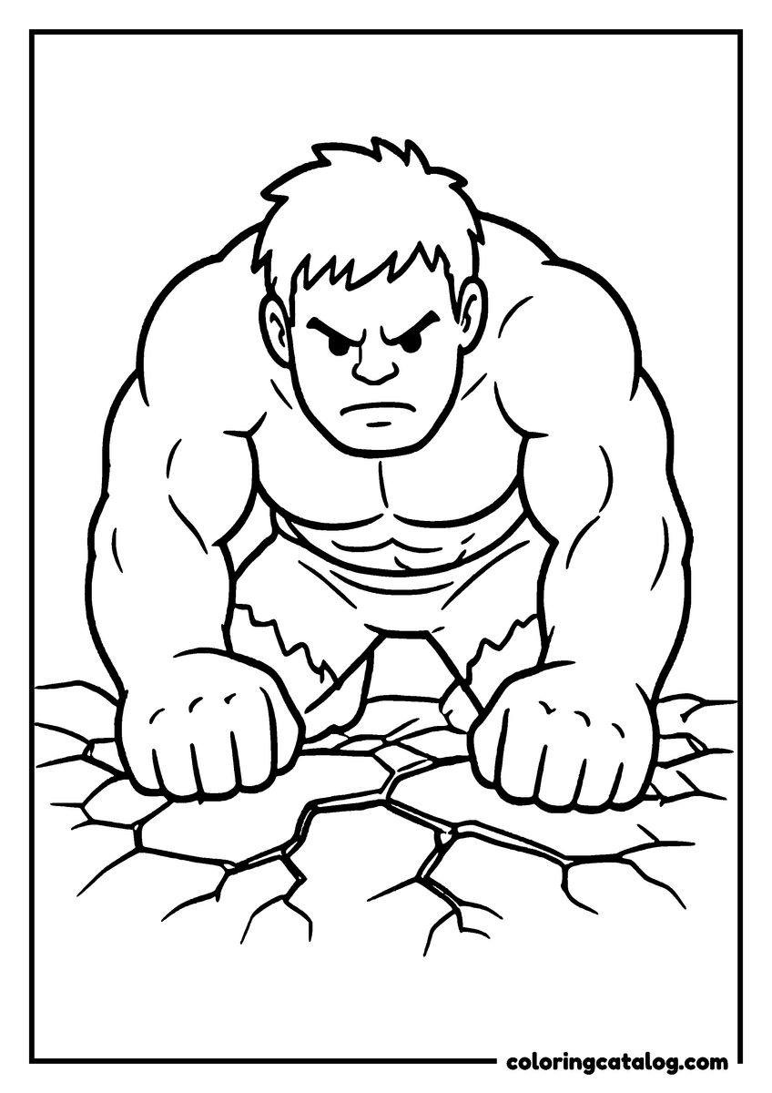 Hulk coloring page of Hulk smashing the ground with both fists
