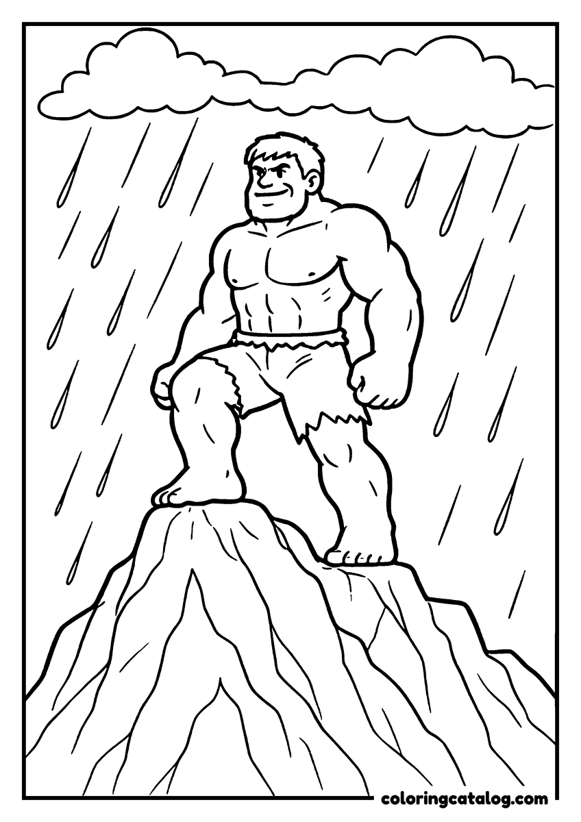 Hulk coloring page of Hulk standing on a mountain top in the rain