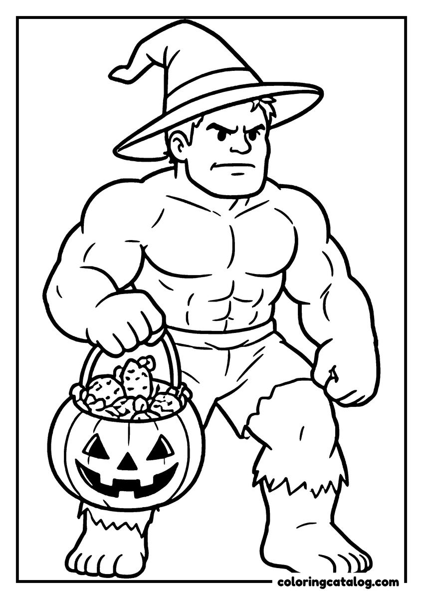 Hulk coloring page of Hulk in a witch hat holding a jack o'lantern candy bucket